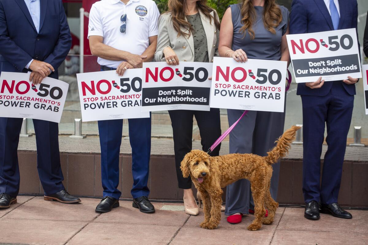 Un perro se encuentra frente a los líderes de la comunidad durante un anti-Prop. 50 Evento en Asian Garden Mall