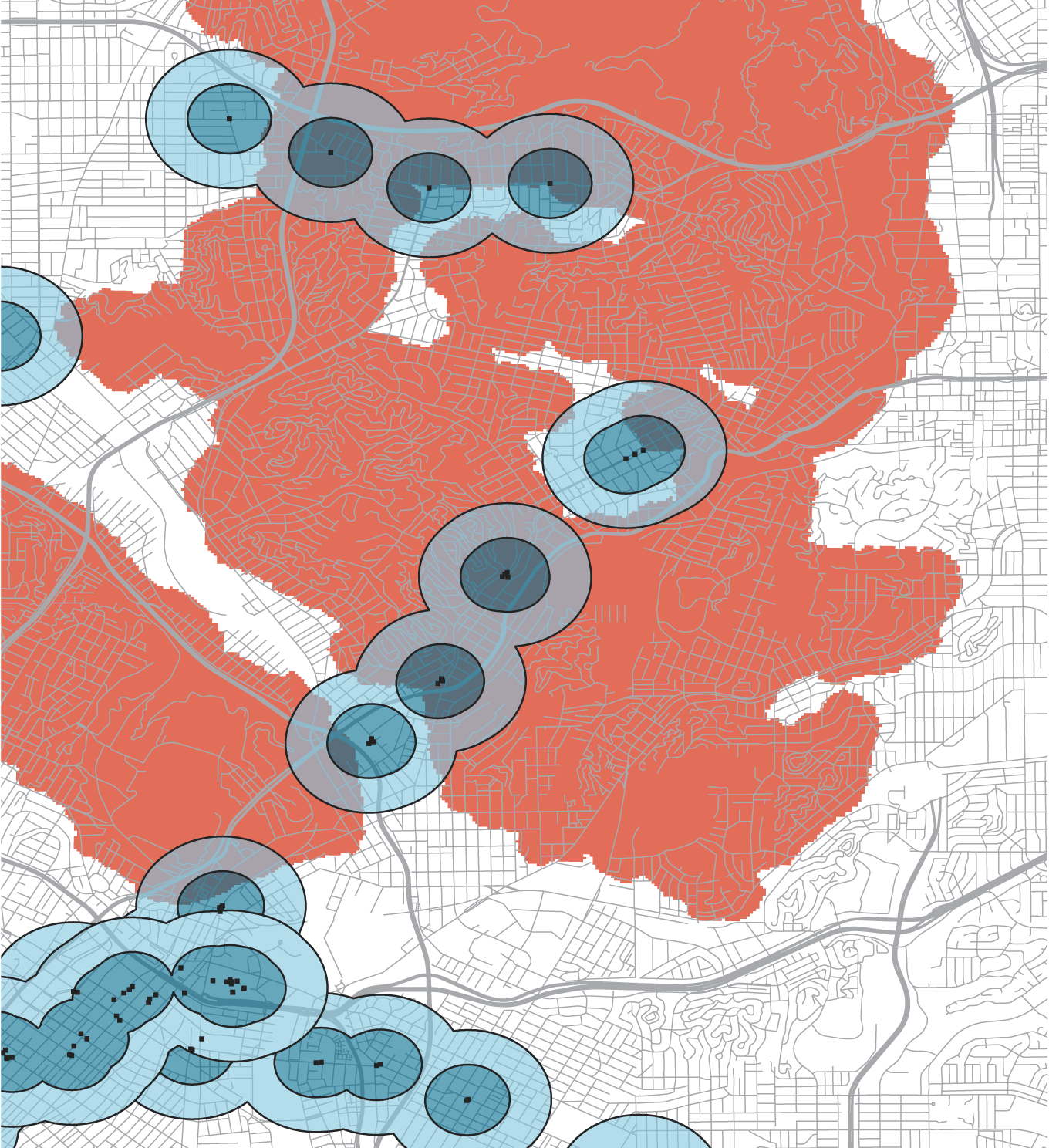 Mapa de los vecindarios del noreste de Los Ángeles, como Highland Park, Eagle Rock y Montecito Heights, que se encuentran cerca de zonas de gravedad 