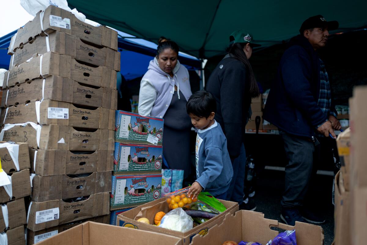 Personas recogen alimentos distribuidos por la Organización Comunitaria Noel