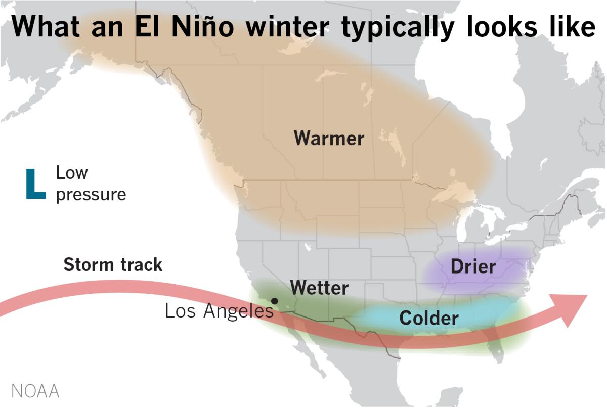 Mapa que muestra los efectos típicos de un patrón de El Niño en el invierno en América del Norte.